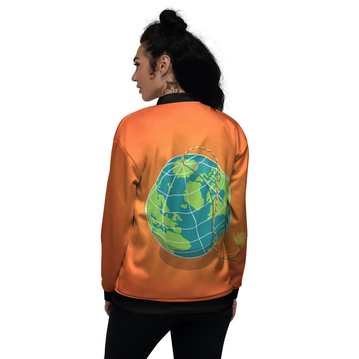 Planet Earth With Burning Fuse Orange Print Women's Bomber Jacket-grizzshop