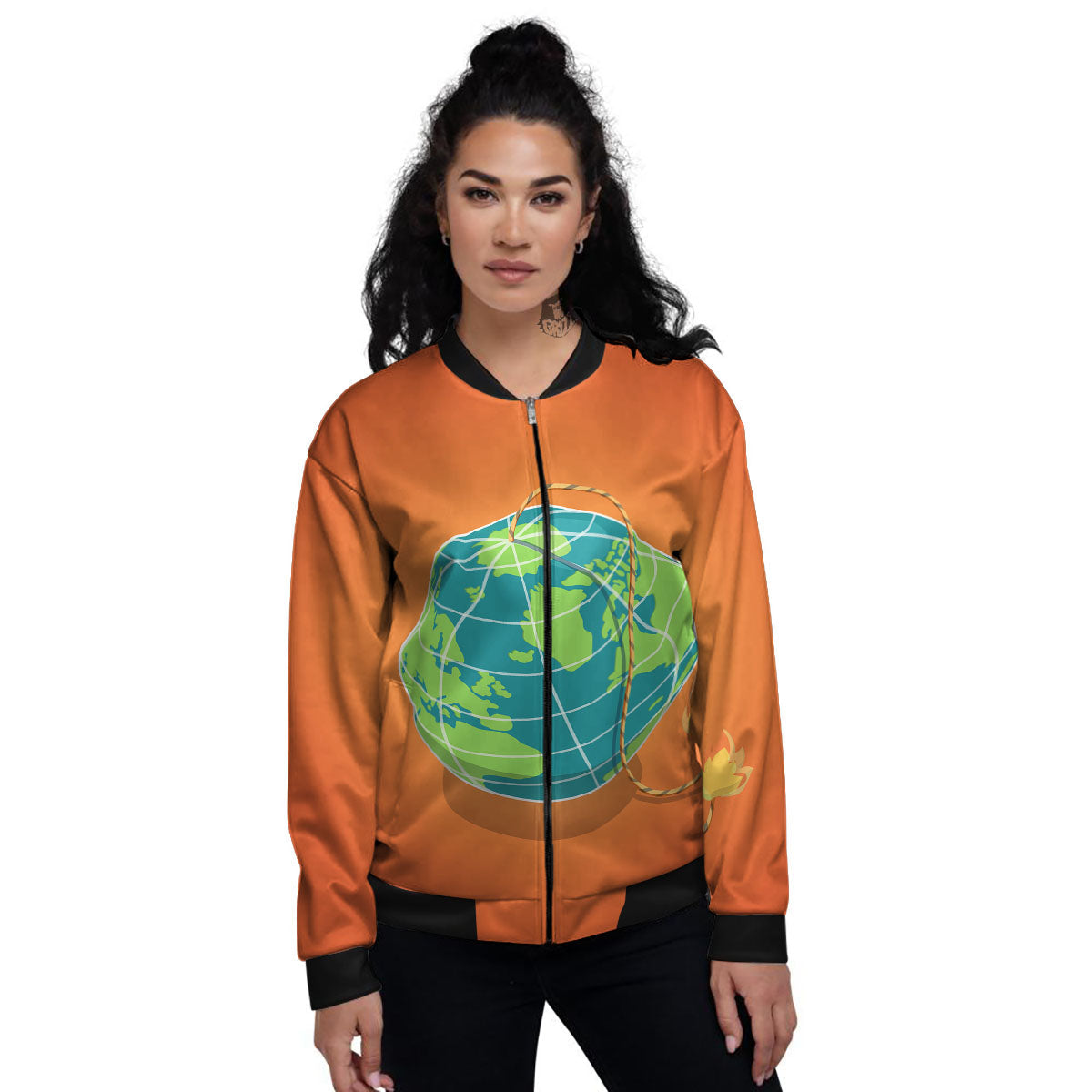 Planet Earth With Burning Fuse Orange Print Women's Bomber Jacket-grizzshop