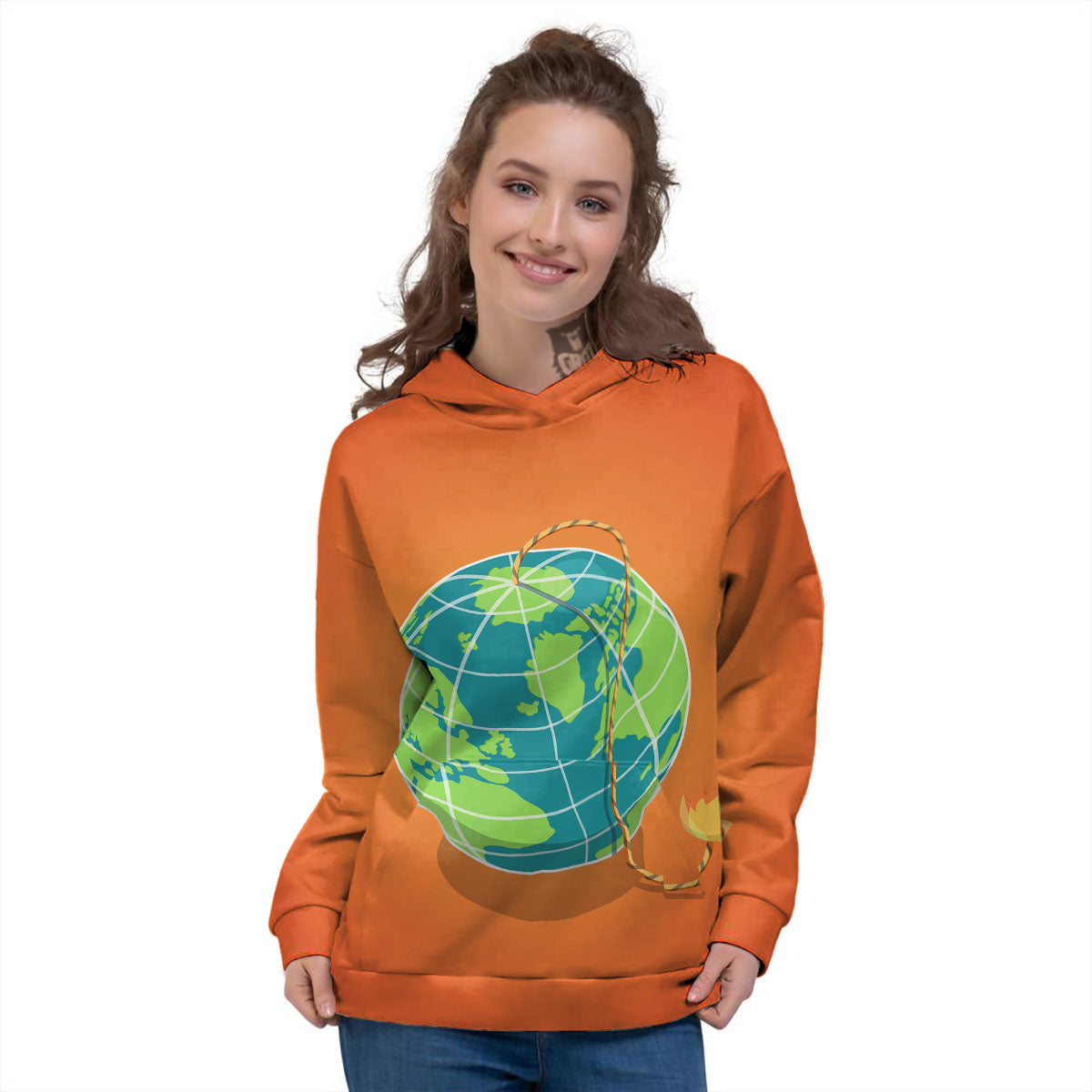 Planet Earth With Burning Fuse Orange Print Women's Hoodie-grizzshop