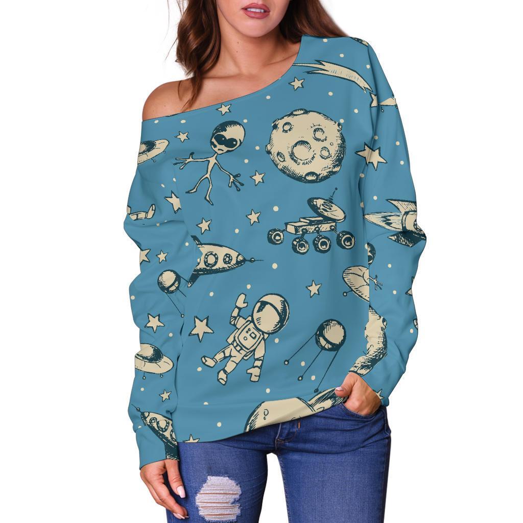 Planet Pattern Print Women Off Shoulder Sweatshirt-grizzshop