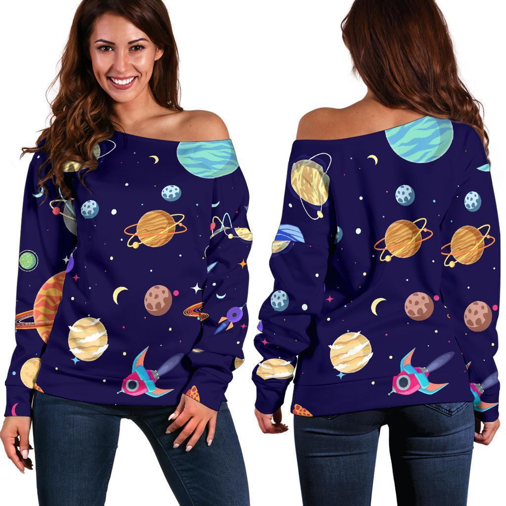 Planet Print Pattern Women Off Shoulder Sweatshirt-grizzshop