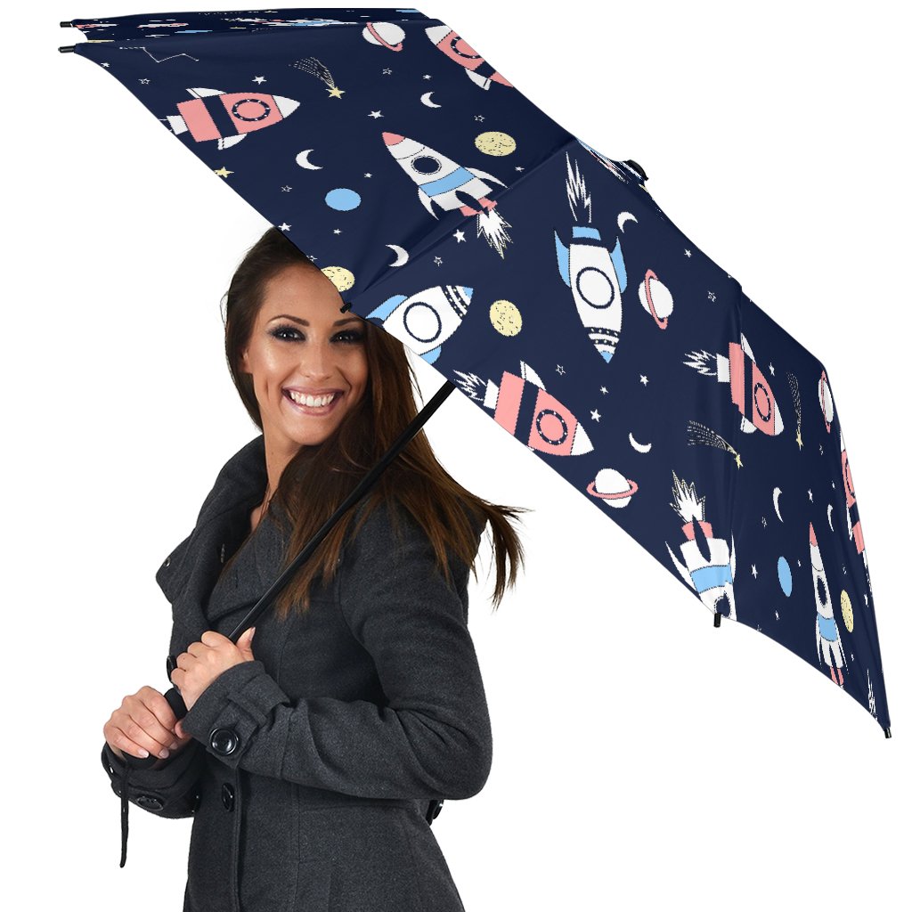 Planet Spaceship Pattern Print Automatic Foldable Umbrella-grizzshop