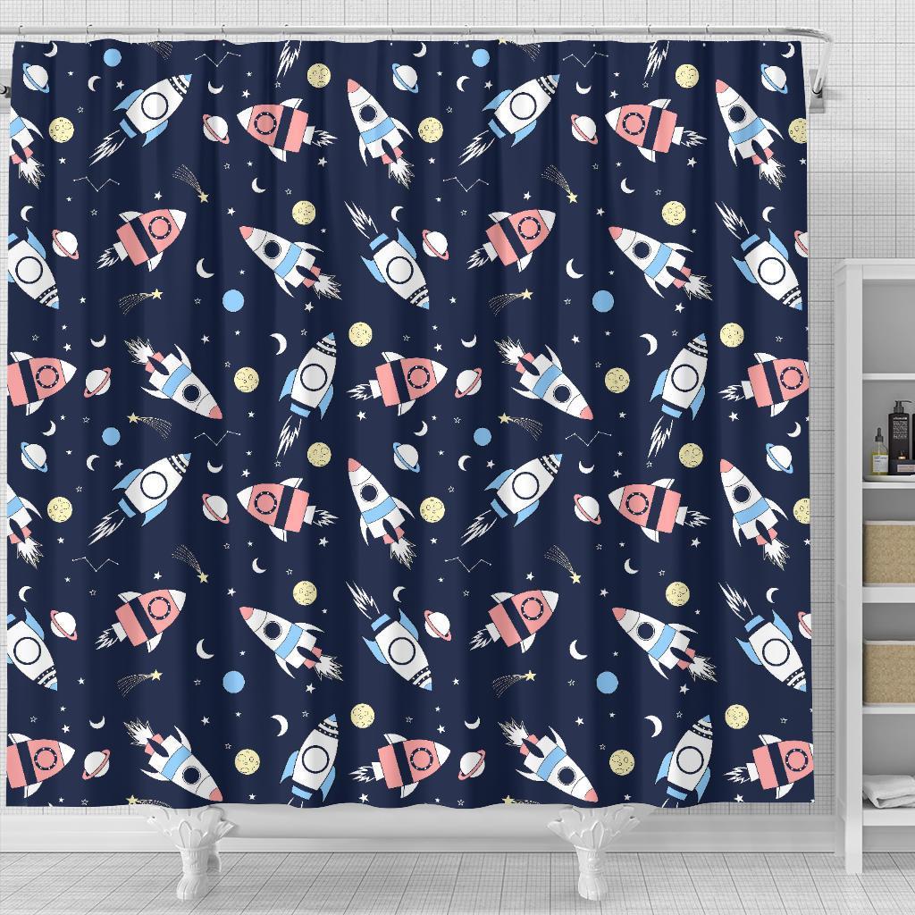 Planet Spaceship Pattern Print Bathroom Shower Curtain-grizzshop