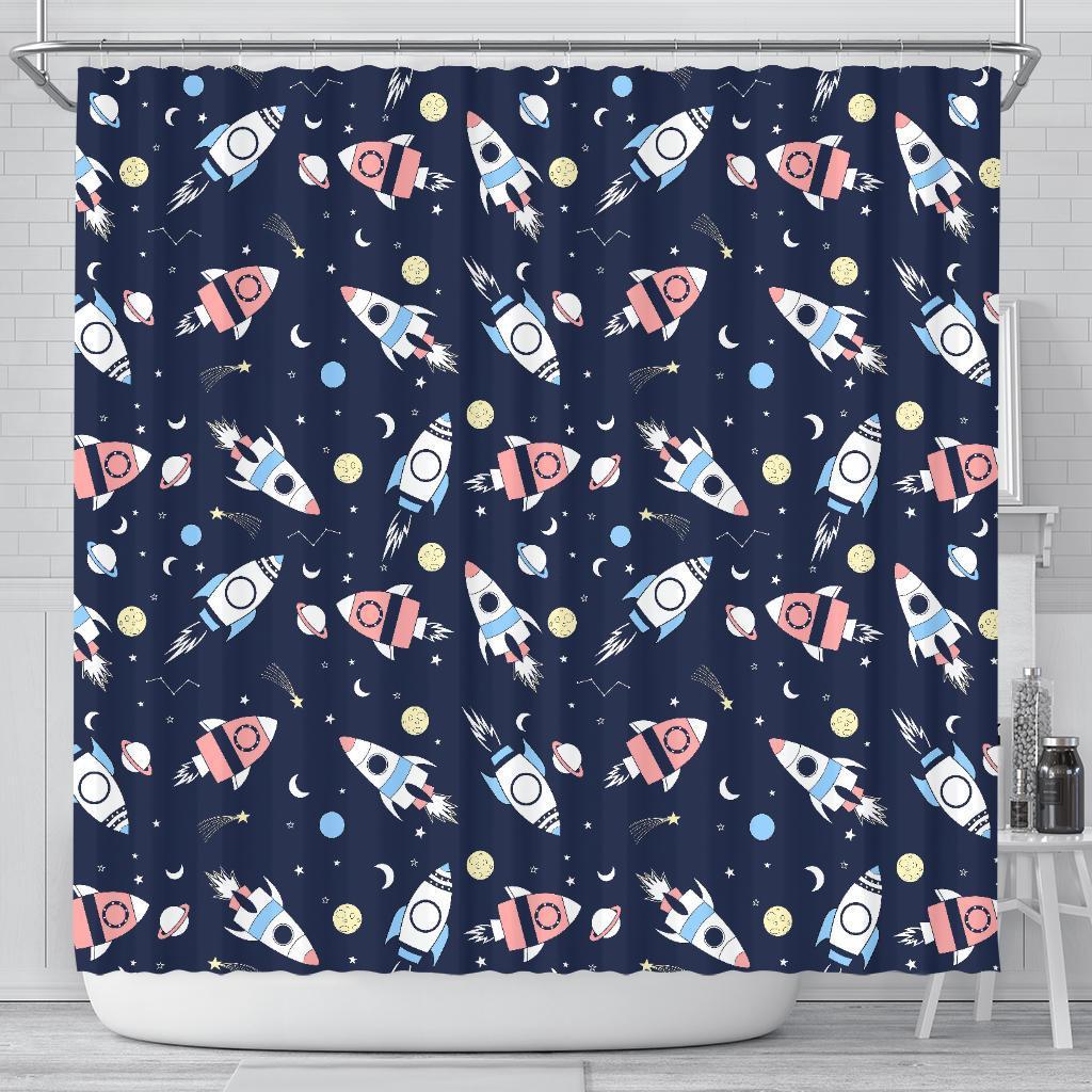 Planet Spaceship Pattern Print Bathroom Shower Curtain-grizzshop