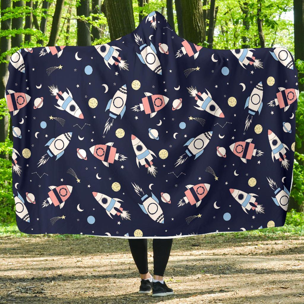 Planet Spaceship Pattern Print Hooded Blanket-grizzshop