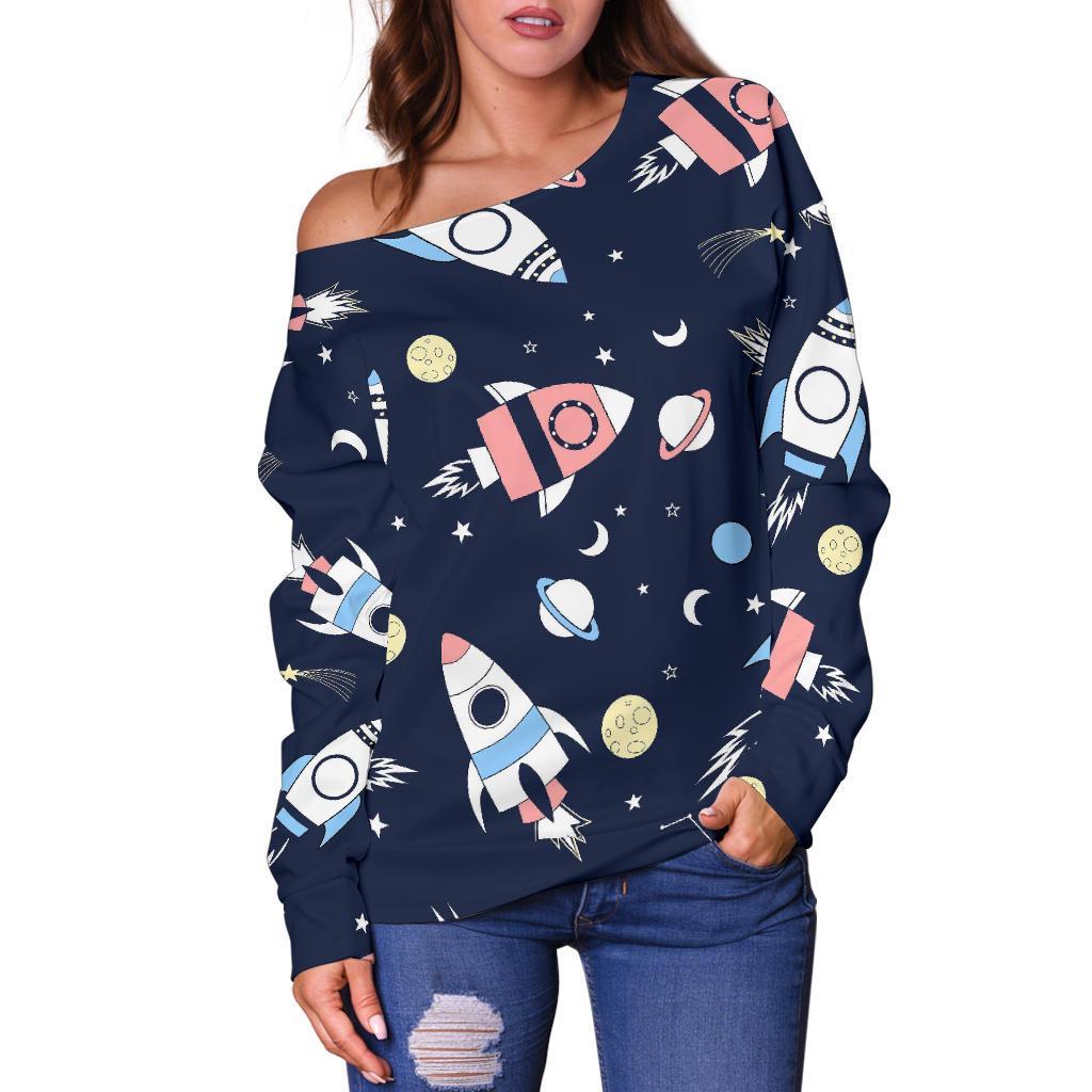 Planet Spaceship Pattern Print Women Off Shoulder Sweatshirt-grizzshop