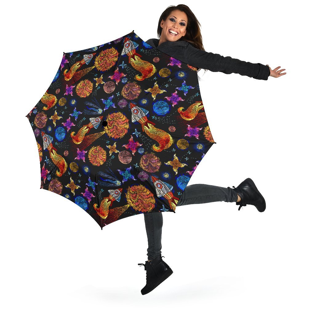 Planet Spaceship Print Pattern Automatic Foldable Umbrella-grizzshop