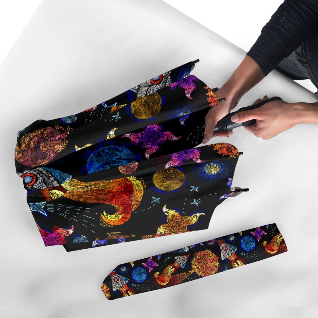 Planet Spaceship Print Pattern Automatic Foldable Umbrella-grizzshop