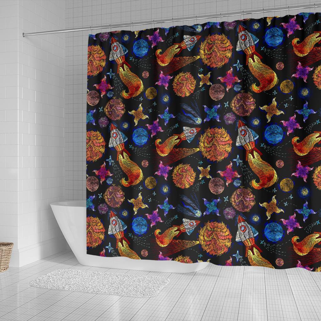 Planet Spaceship Print Pattern Bathroom Shower Curtain-grizzshop