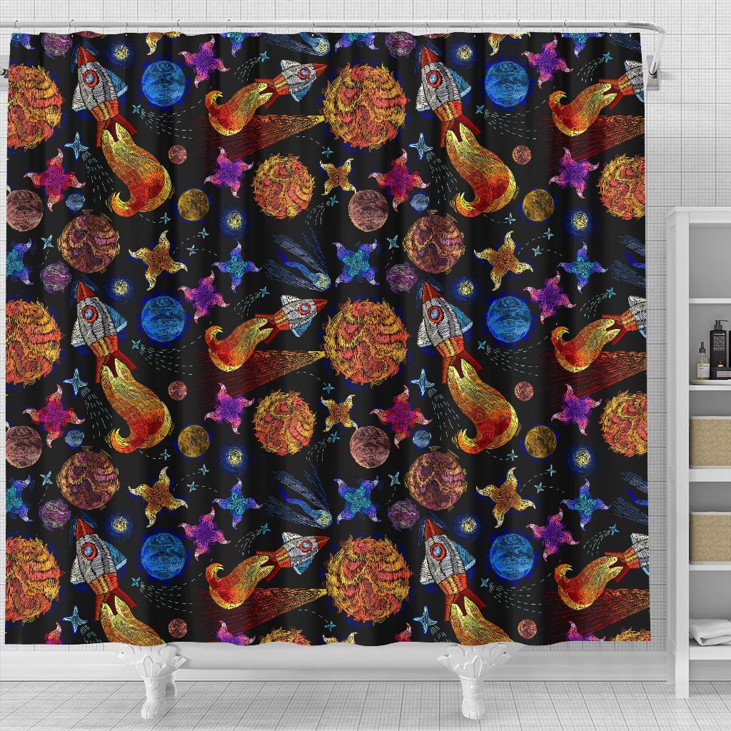 Planet Spaceship Print Pattern Bathroom Shower Curtain-grizzshop