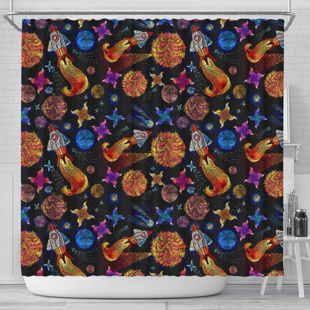 Planet Spaceship Print Pattern Bathroom Shower Curtain-grizzshop