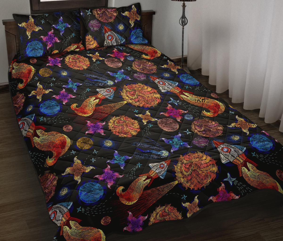 Planet Spaceship Print Pattern Bed Set Quilt-grizzshop
