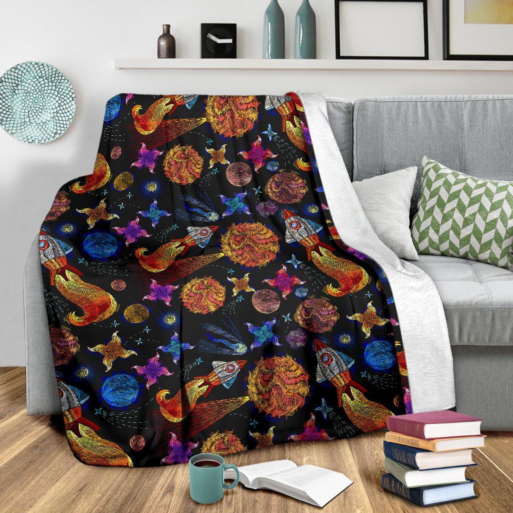 Planet Spaceship Print Pattern Blanket-grizzshop