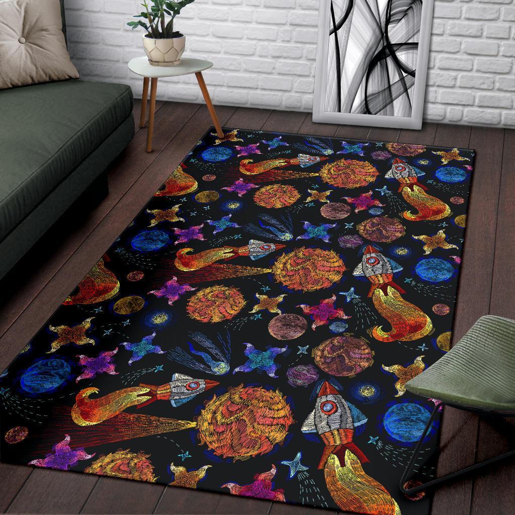 Planet Spaceship Print Pattern Floor Mat-grizzshop