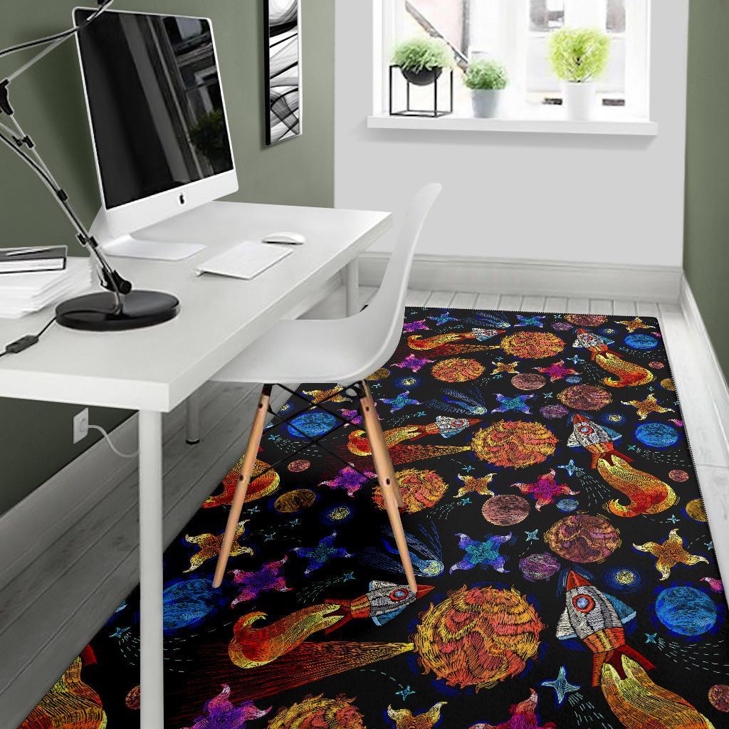 Planet Spaceship Print Pattern Floor Mat-grizzshop