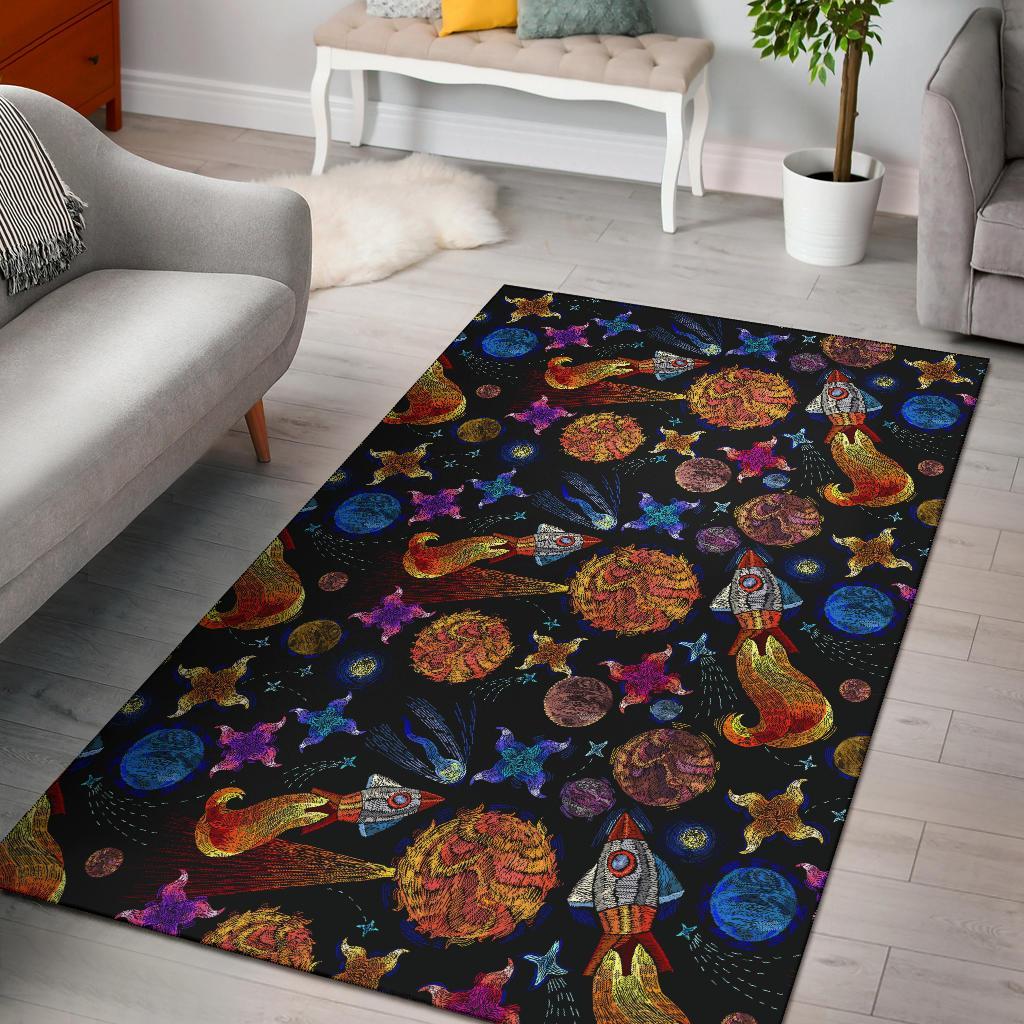 Planet Spaceship Print Pattern Floor Mat-grizzshop