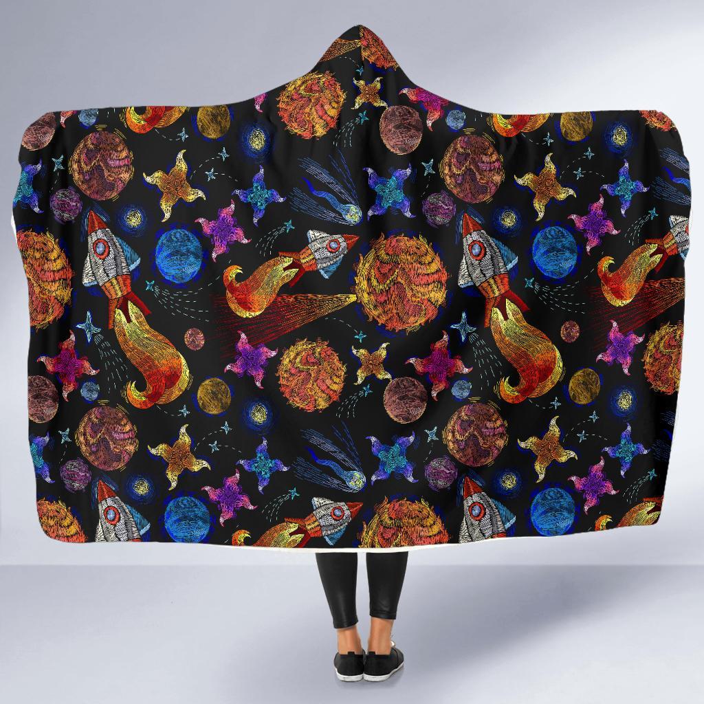 Planet Spaceship Print Pattern Hooded Blanket-grizzshop