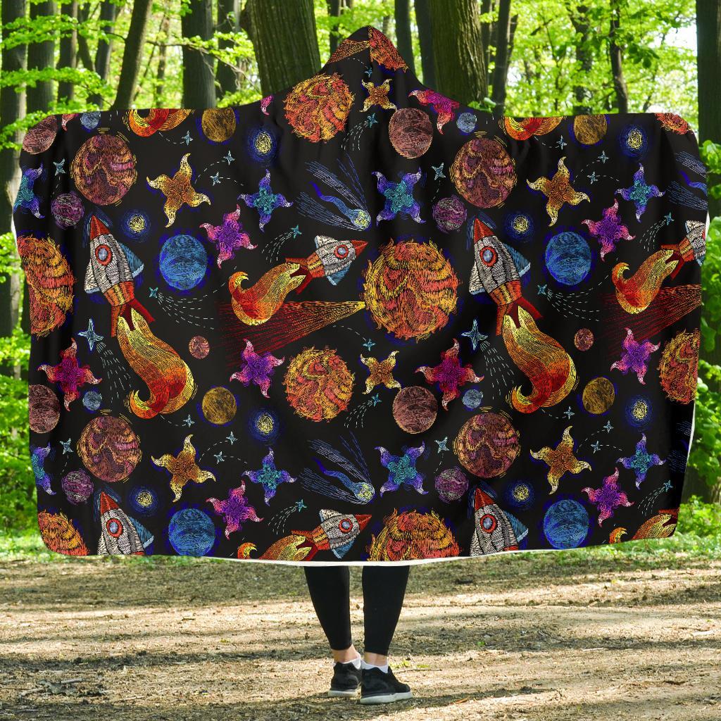 Planet Spaceship Print Pattern Hooded Blanket-grizzshop