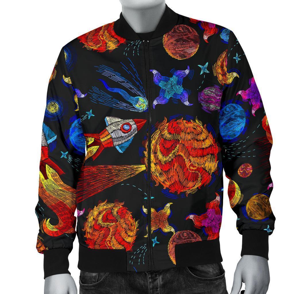 Planet Spaceship Print Pattern Men's Bomber Jacket-grizzshop