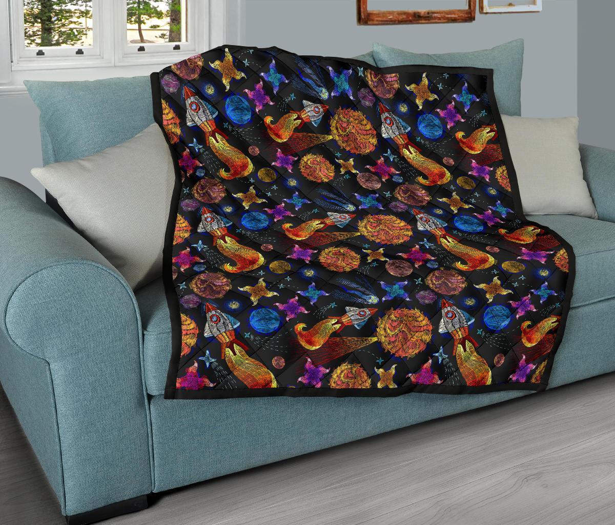 Planet Spaceship Print Pattern Quilt-grizzshop