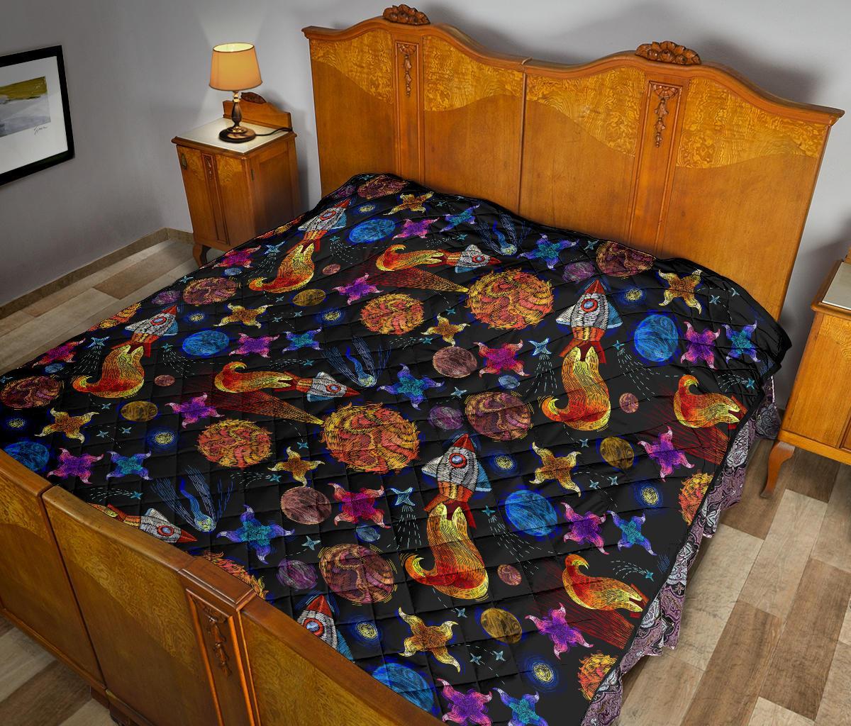 Planet Spaceship Print Pattern Quilt-grizzshop