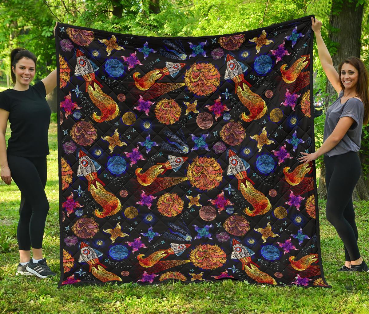 Planet Spaceship Print Pattern Quilt-grizzshop