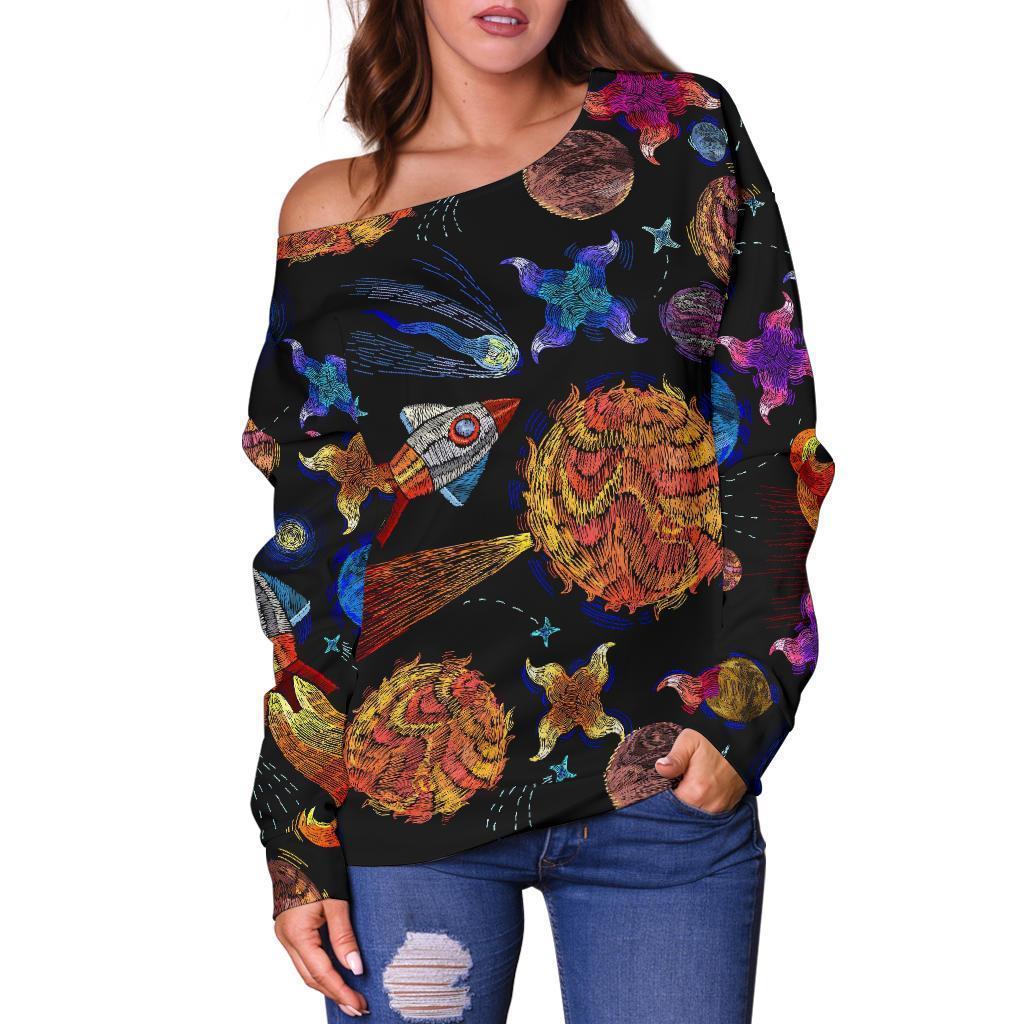 Planet Spaceship Print Pattern Women Off Shoulder Sweatshirt-grizzshop