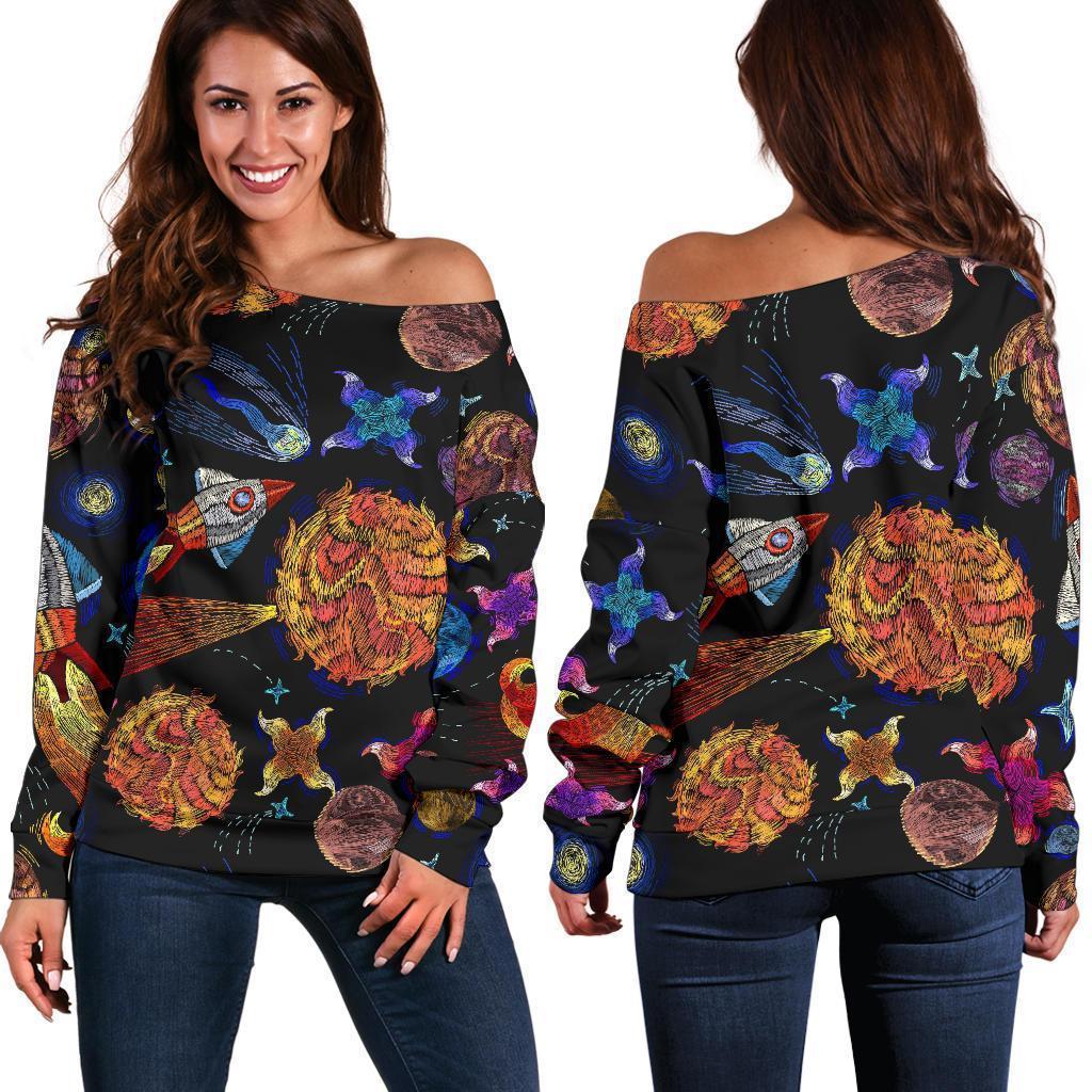 Planet Spaceship Print Pattern Women Off Shoulder Sweatshirt-grizzshop