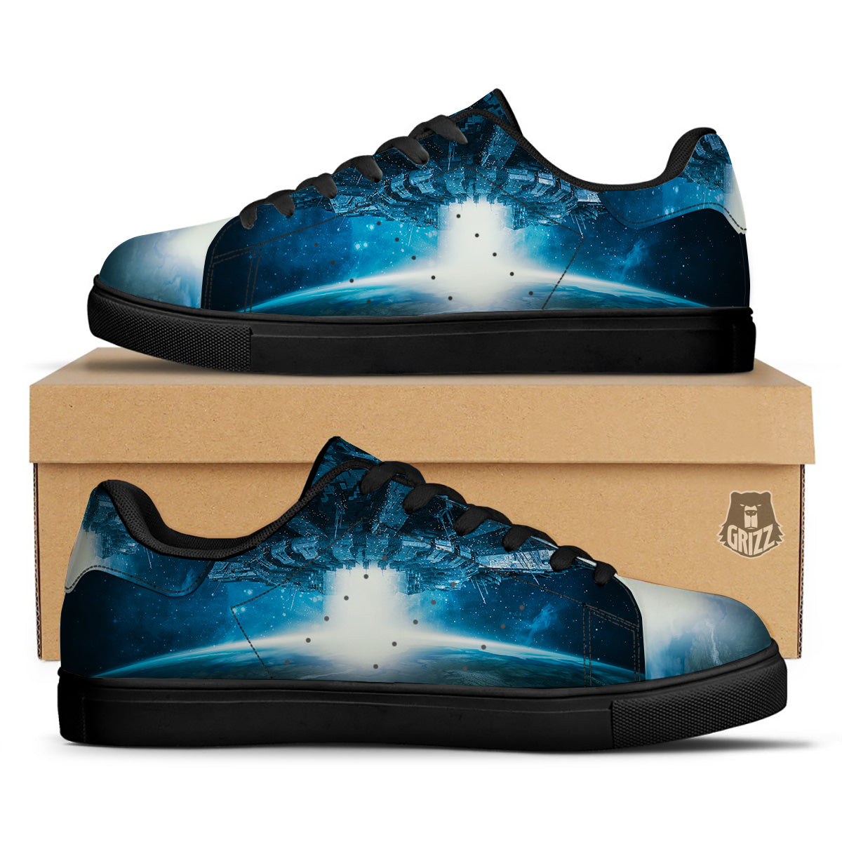 Planetary Invasion Print Black Low Top Sneakers-grizzshop