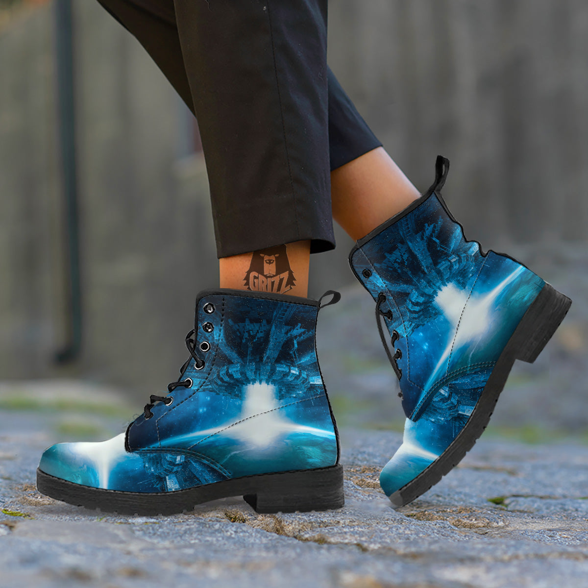 Planetary Invasion Print Leather Boots-grizzshop
