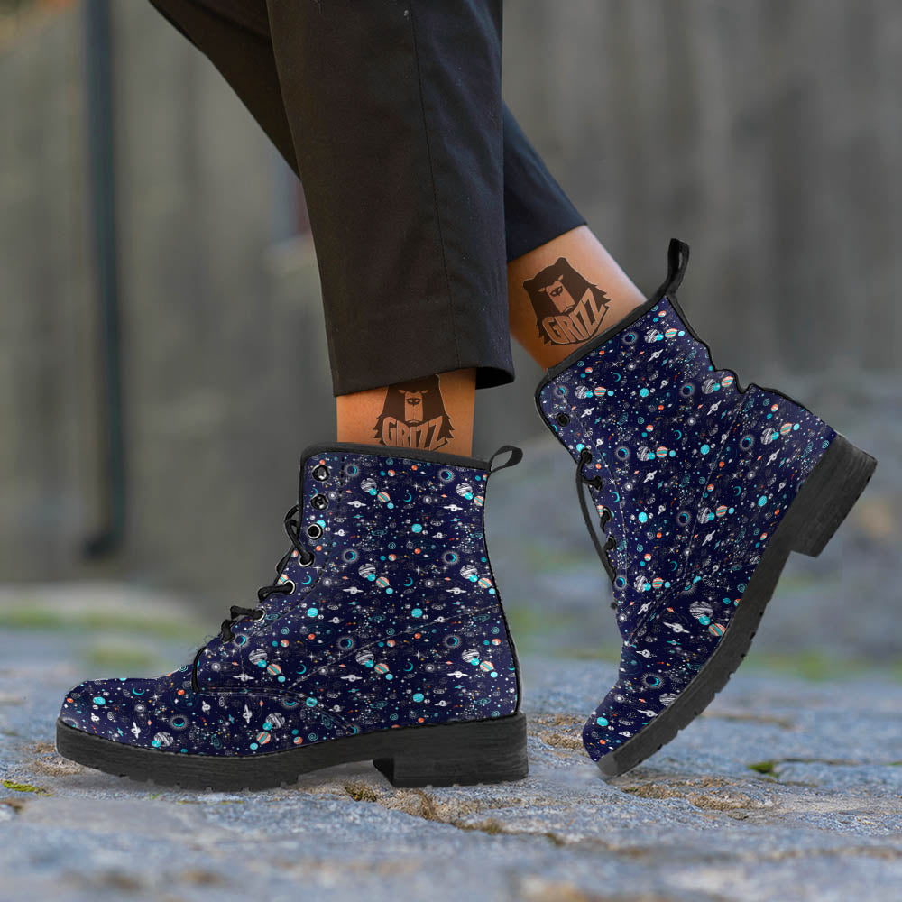 Planets And Constellations Print Pattern Leather Boots-grizzshop