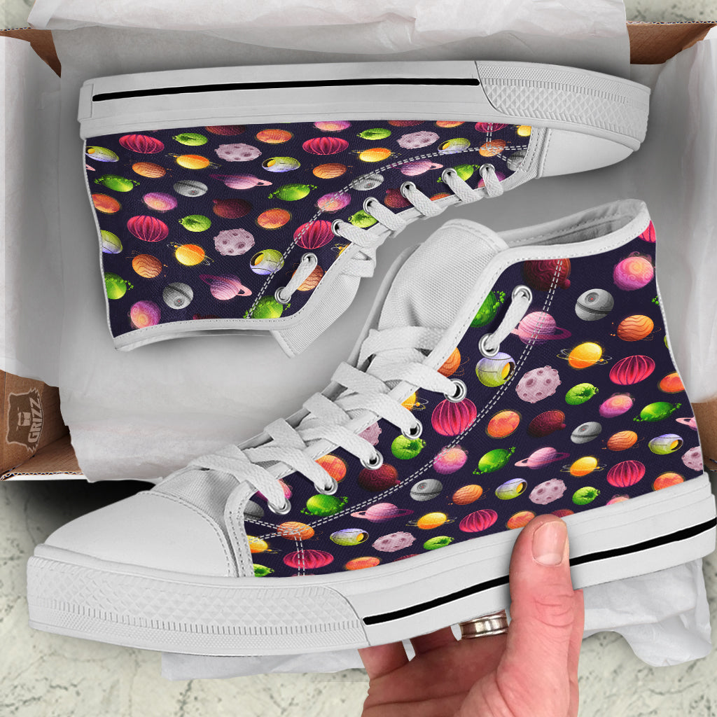 Planets And Stars Print Pattern White High Top Shoes-grizzshop