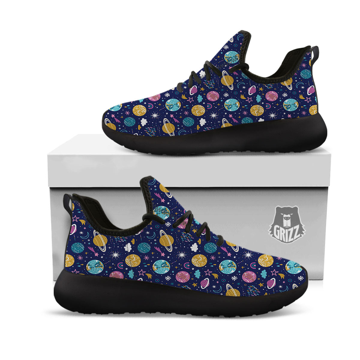 Planets Doodle Print Pattern Black Athletic Shoes-grizzshop