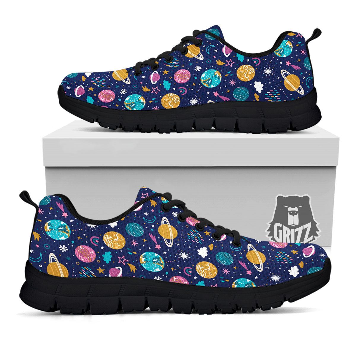 Planets Doodle Print Pattern Black Sneaker-grizzshop