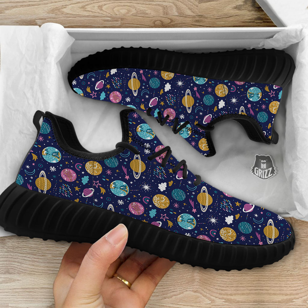 Planets Doodle Print Pattern Black Walking Shoes-grizzshop