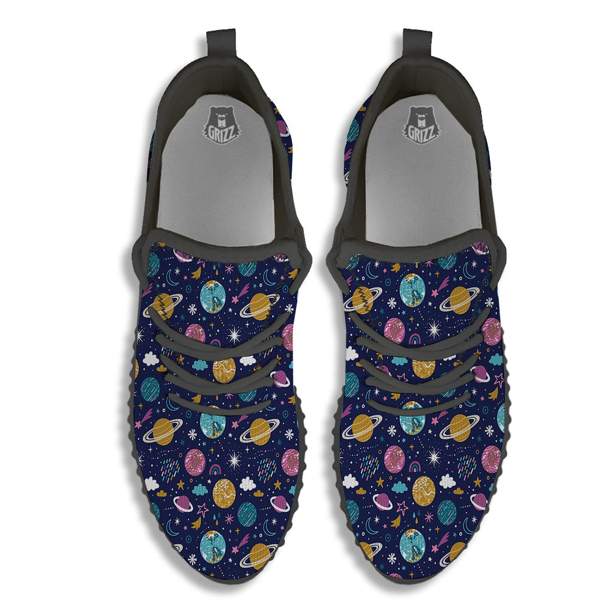 Planets Doodle Print Pattern Black Walking Shoes-grizzshop
