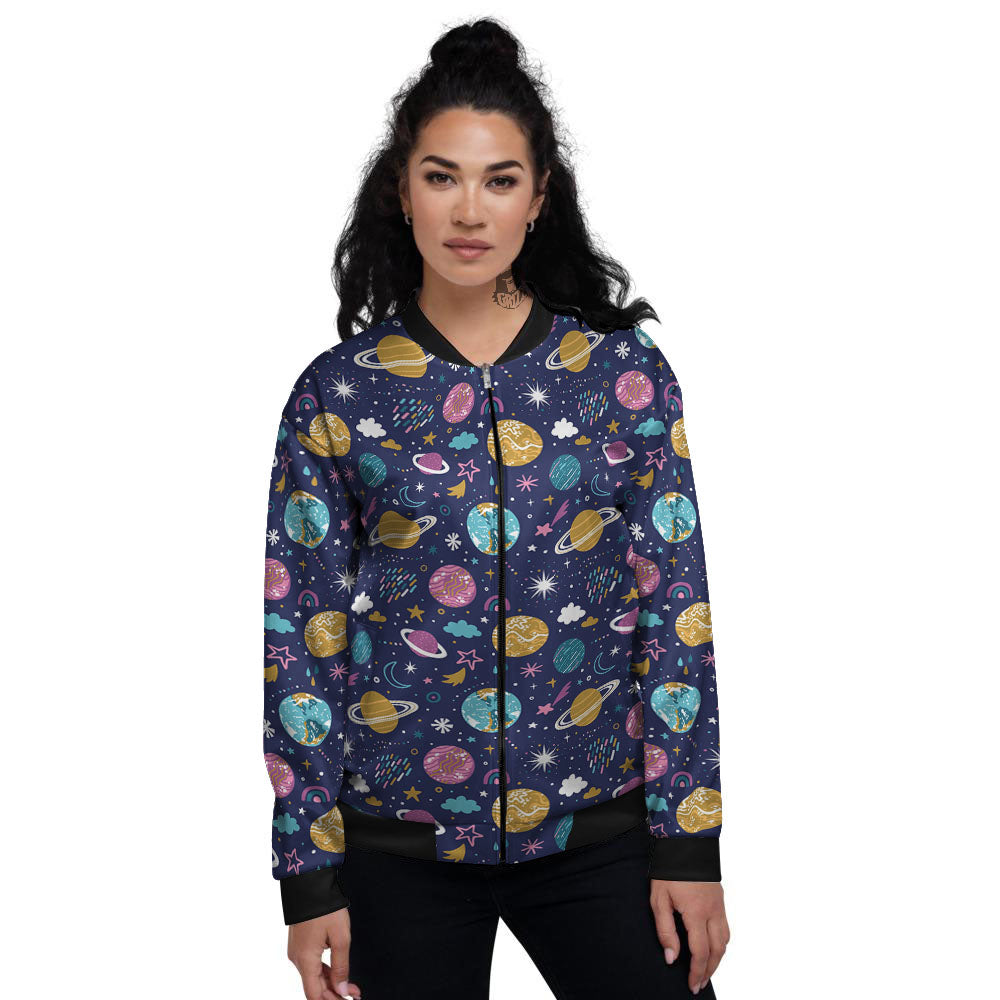 Planets Doodle Print Pattern Women's Bomber Jacket-grizzshop