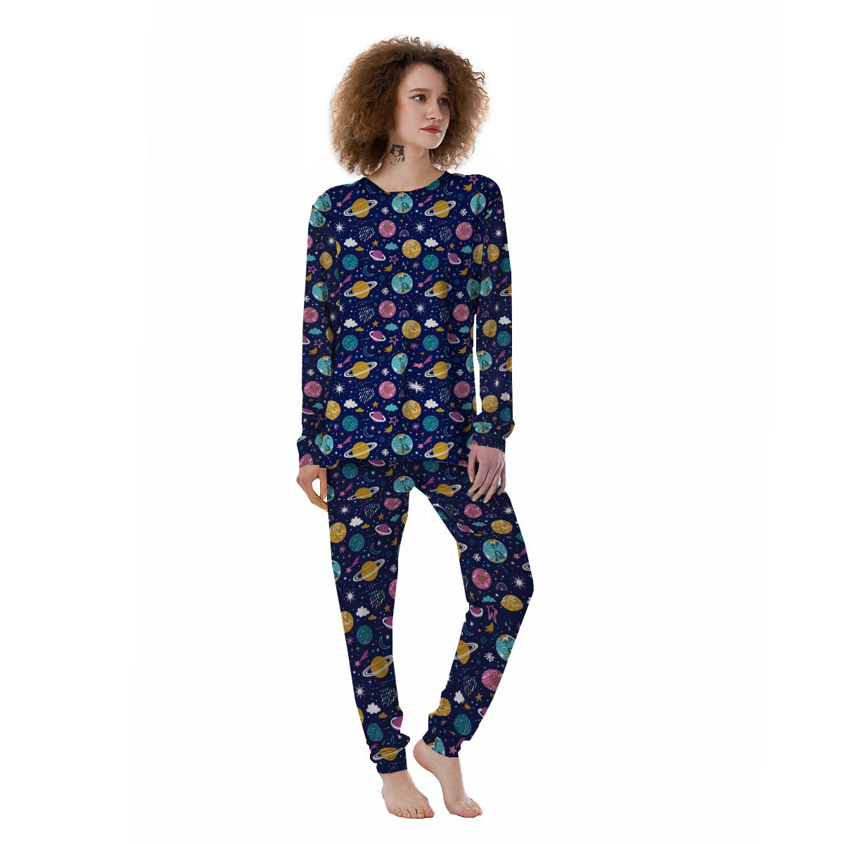 Planets Doodle Print Pattern Women's Pajamas-grizzshop