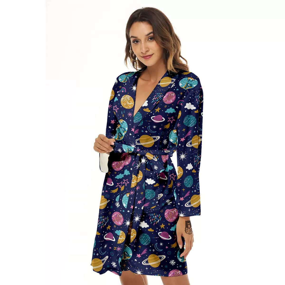 Planets Doodle Print Pattern Women's Robe-grizzshop