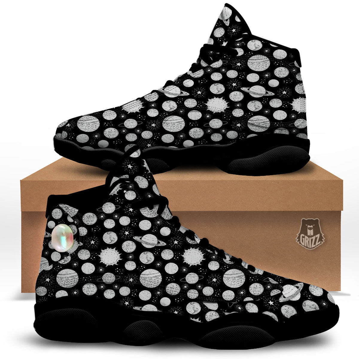 Planets White And Black Print Pattern Black Basketball Shoes-grizzshop