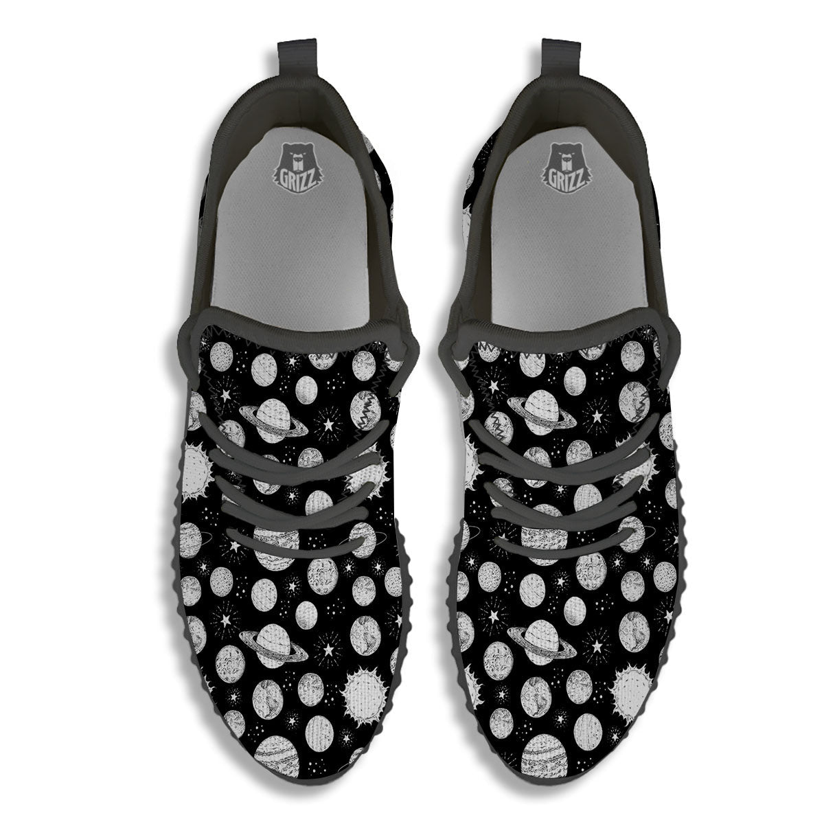 Planets White And Black Print Pattern Black Walking Shoes-grizzshop