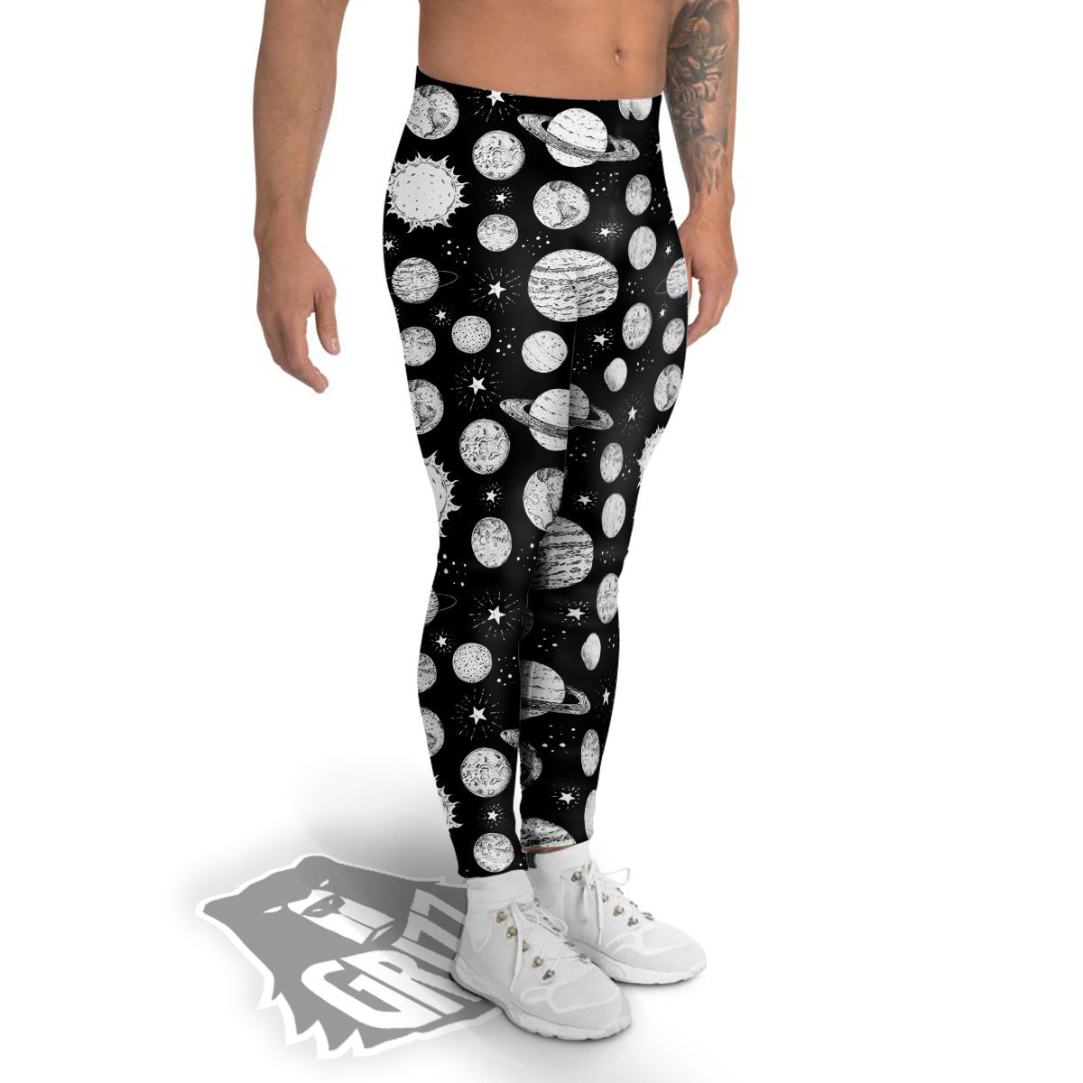 Planets White And Black Print Pattern Men's Leggings-grizzshop