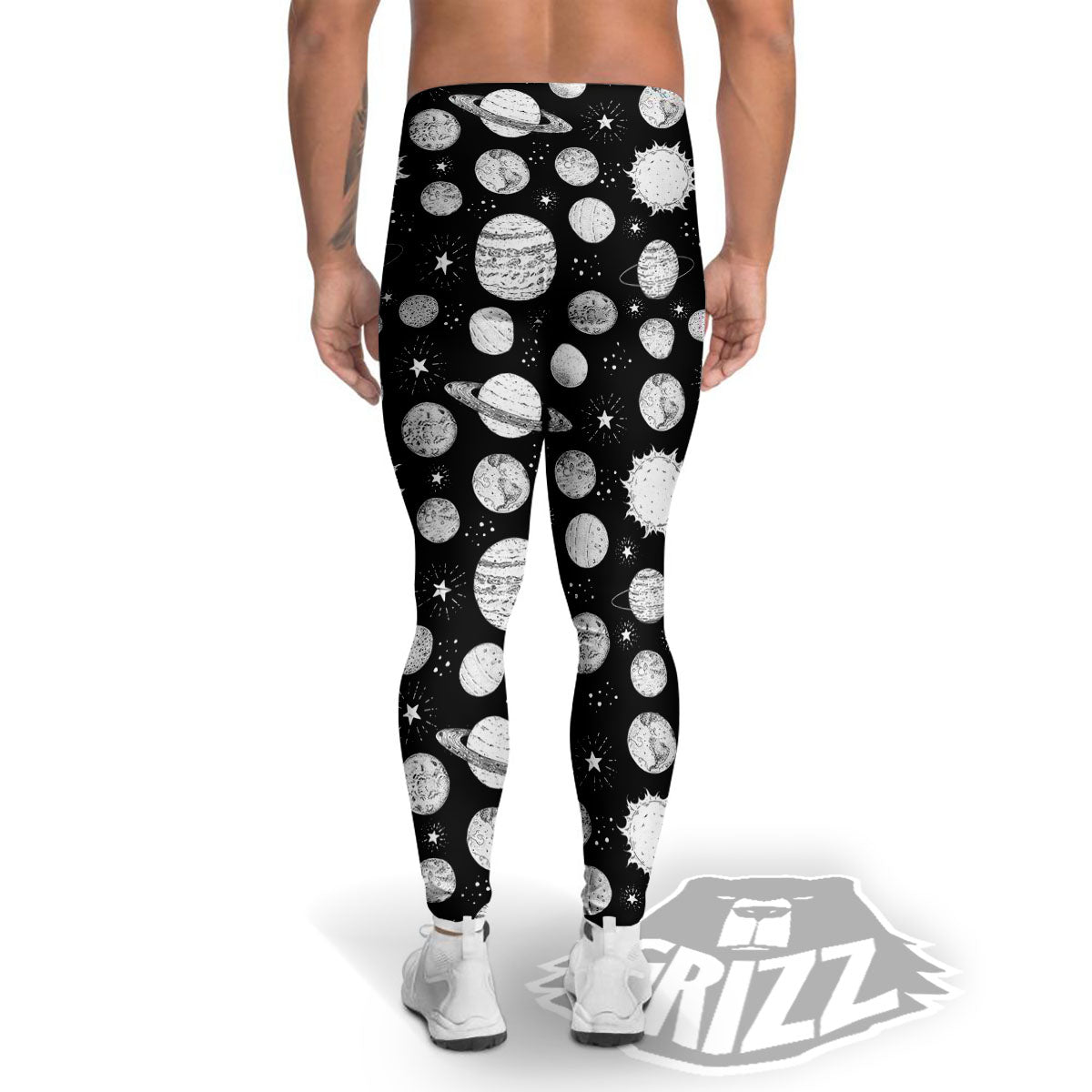 Planets White And Black Print Pattern Men's Leggings-grizzshop