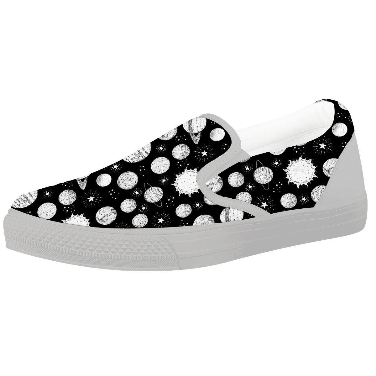 Planets White And Black Print Pattern White Slip On Shoes-grizzshop