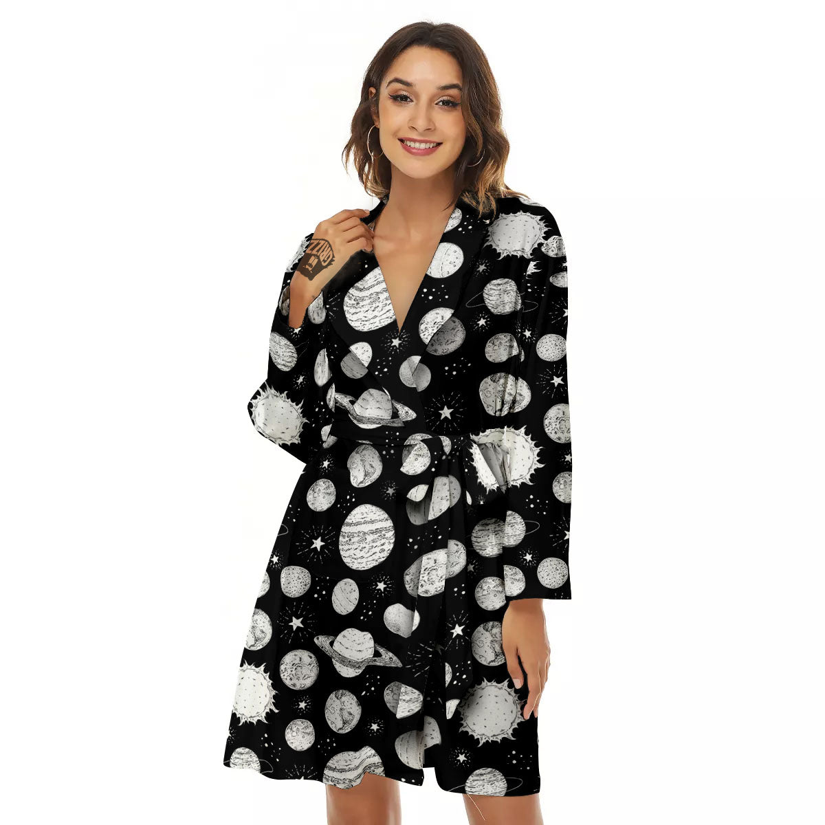 Planets White And Black Print Pattern Women's Robe-grizzshop