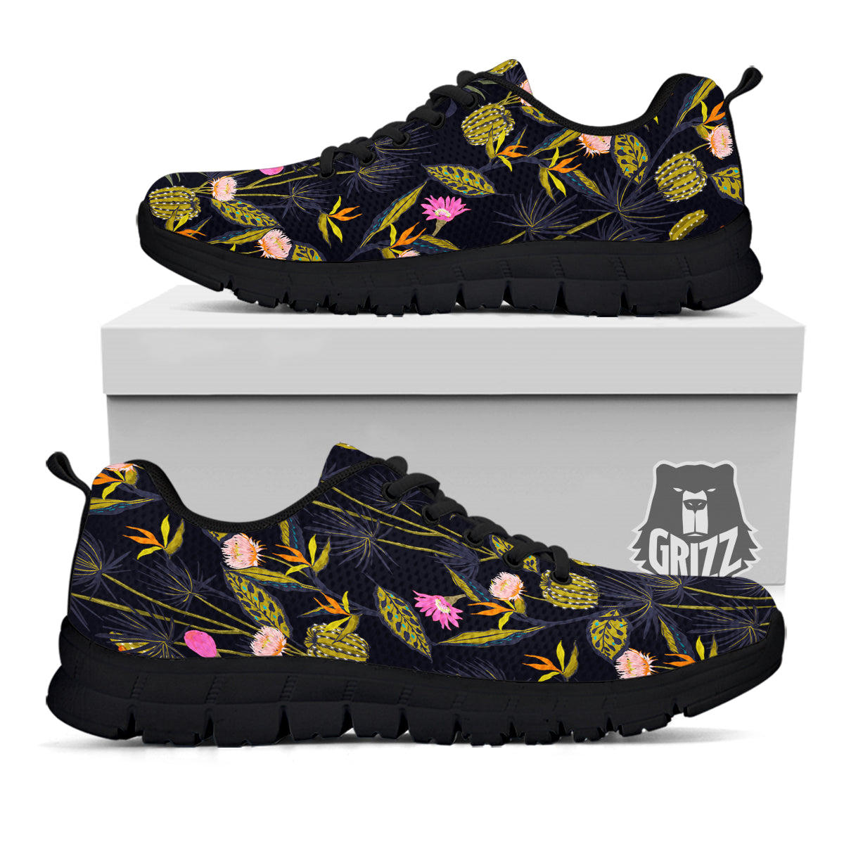 Plant Black Cactus Print Pattern Black Sneaker-grizzshop