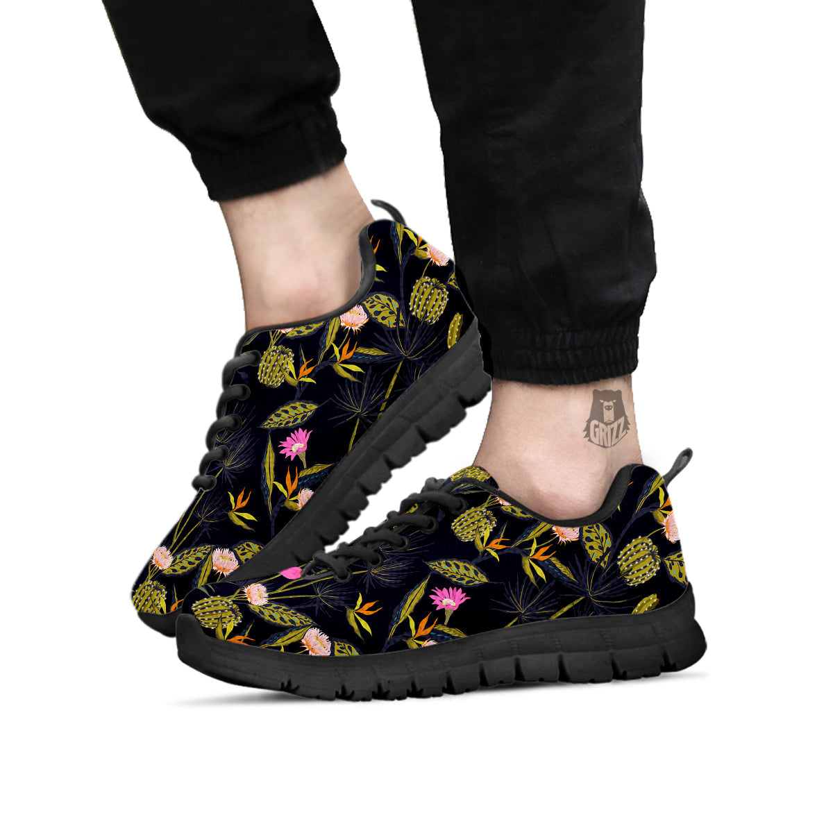 Plant Black Cactus Print Pattern Black Sneaker-grizzshop