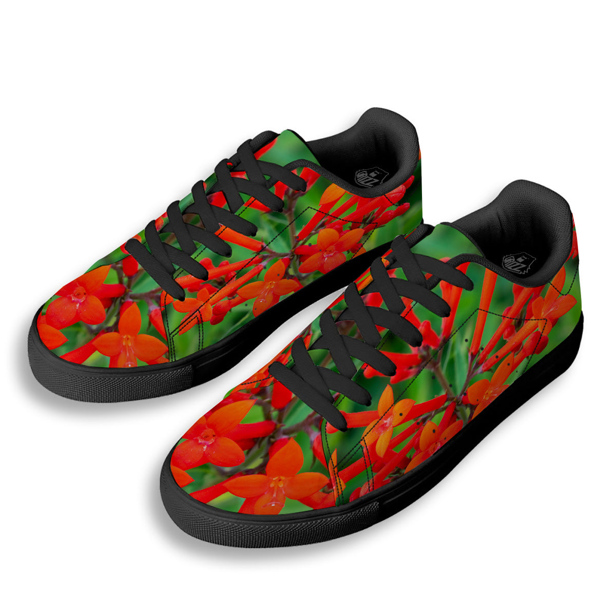 Plant Bouvardia Print Black Low Top Sneakers-grizzshop