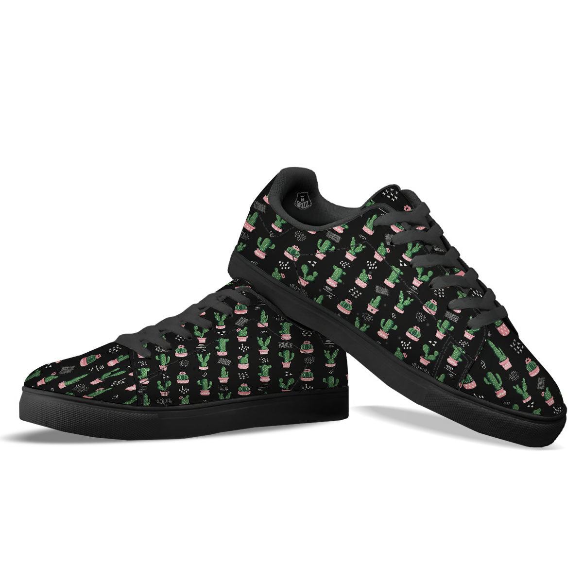 Plant Cute Cactus Print Pattern Black Low Top Sneakers-grizzshop