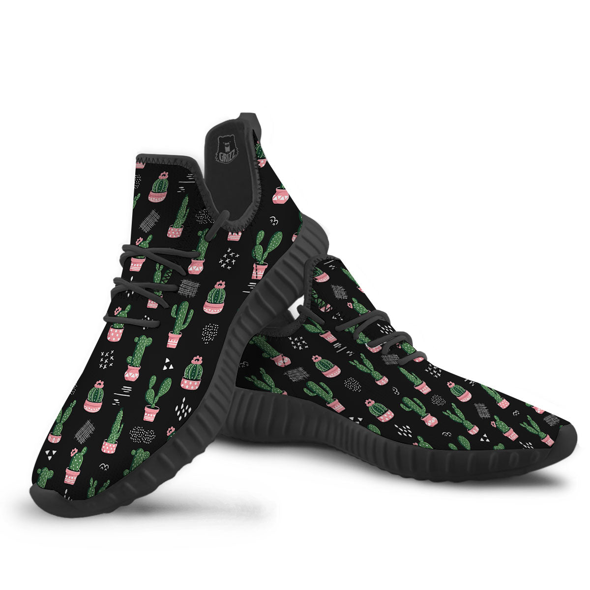 Plant Cute Cactus Print Pattern Black Walking Shoes-grizzshop